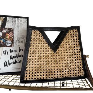 Handcrafted Leather & Rattan Structured Tote | Modern Boho Statement Bag
